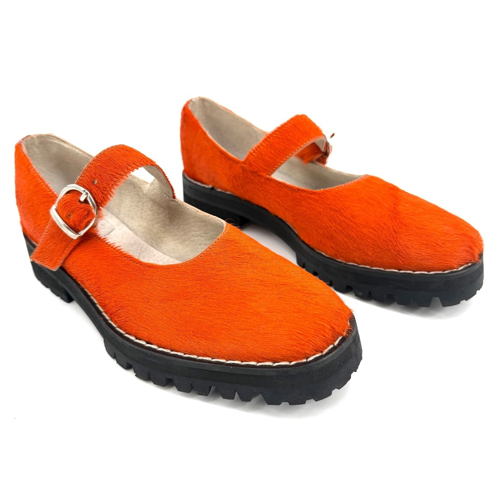 Michons Marigot Orange Fur Leather Crown Penny Jane Loafers Womens 38 US 7.5